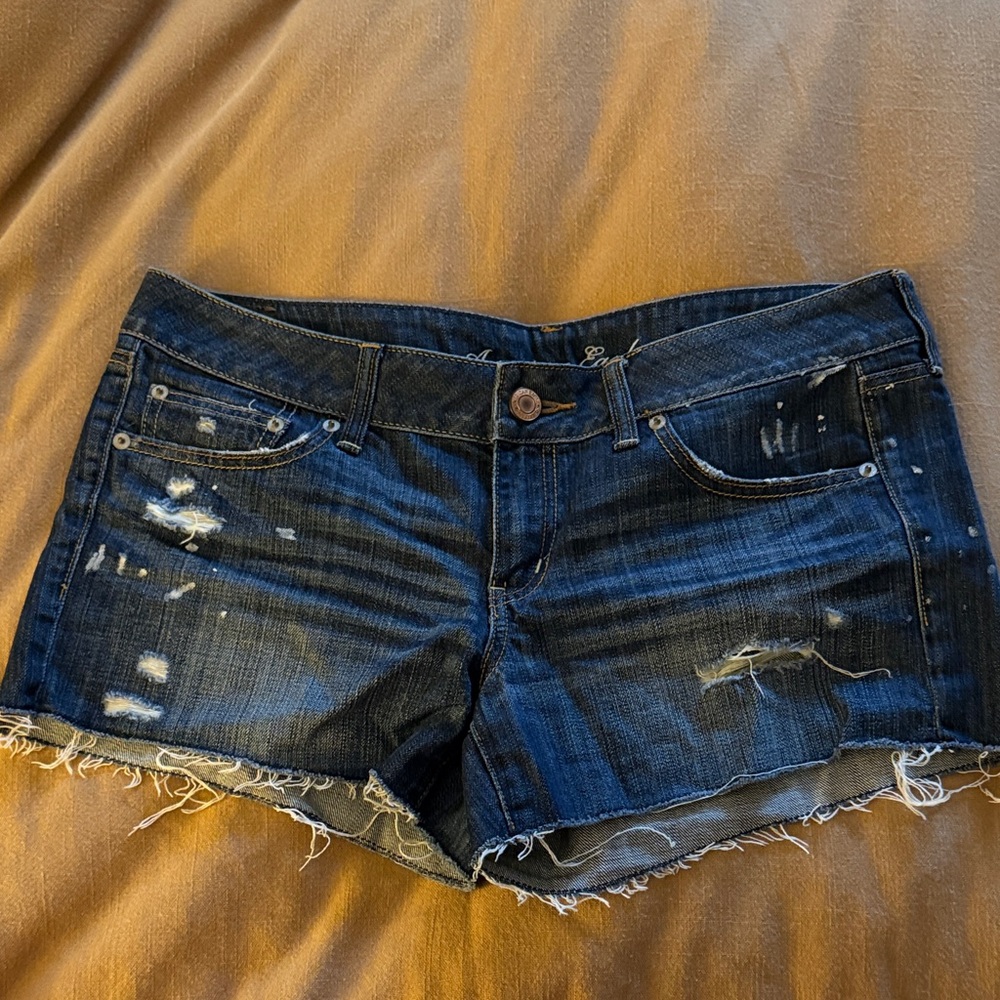 American Eagle Outfitters Dark Blue Distressed Denim Jean Shorts